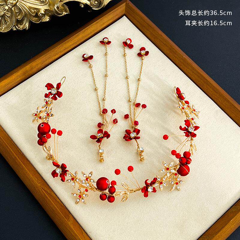 敬酒服头饰新娘红色头花发箍三件套新款简单大气结婚纱礼服发