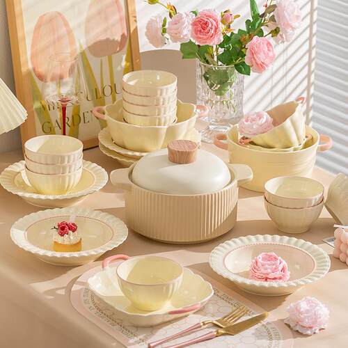 奶黄盘子饭碗釉下彩碗碟套装家用餐具陶瓷碗筷碗具2024款全套碗盘