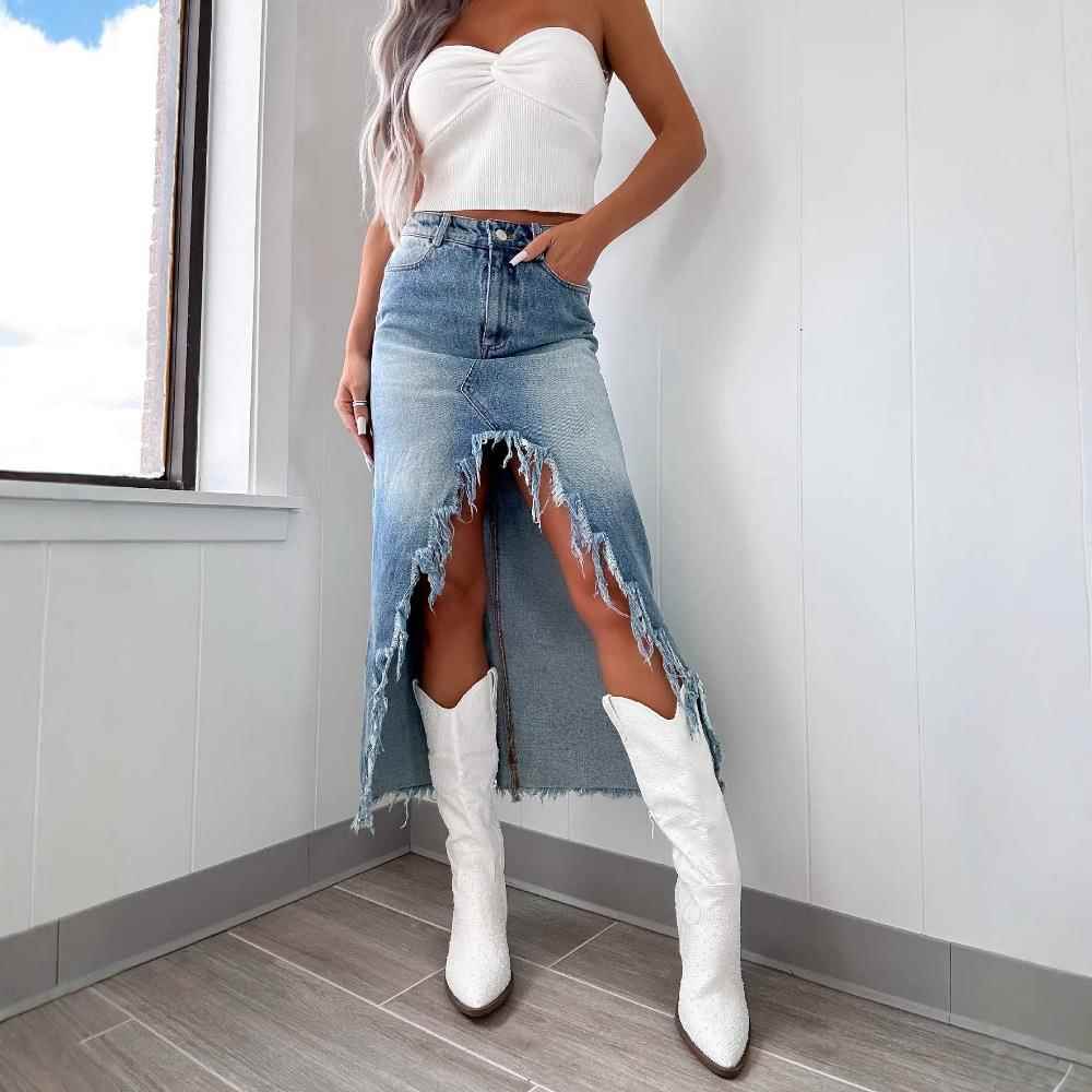 High waist irregular raw edge denim skirt womens distressed