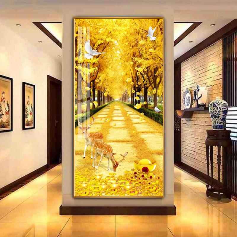 新款直销走廊过道玄关装饰画竖版新中式现代墙壁挂画黄金大道壁画