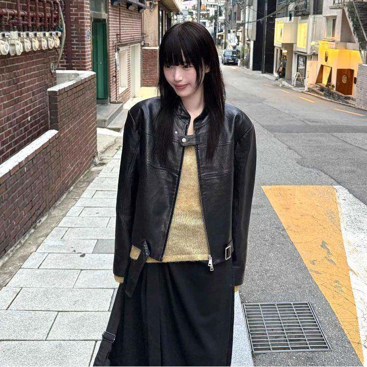 Coex Mall 首尔 ◆飒姐女神~韩国春季黑色短款皮衣外套机车服小个