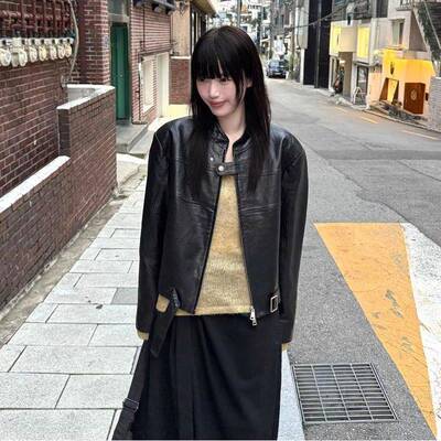 Coex Mall 首尔 ◆飒姐女神~韩国春季黑色短款皮衣外套机车服小个
