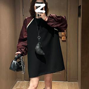 欧洲站宽松撞色连衣裙女减龄2025年秋季大码气质长袖别致直筒裙子