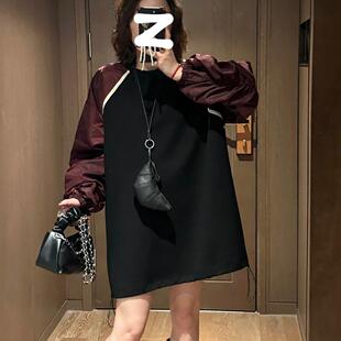 欧洲站宽松撞色连衣裙女减龄2025年秋季大码气质长袖别致直筒裙子