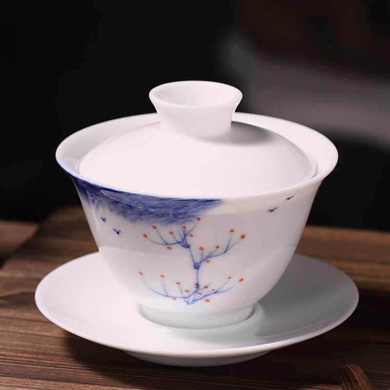 中国白瓷盖碗手绘釉下彩羊脂玉三才盖碗功夫茶具杯三才茶备茶碗,餐饮具,盖碗,淘宝优惠券,粉丝福利购,淘宝优惠卷