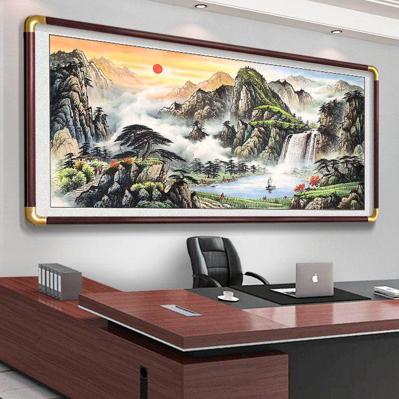 聚宝盆靠山图办公室装饰山水风景挂画客厅沙发背景墙字画流水生财
