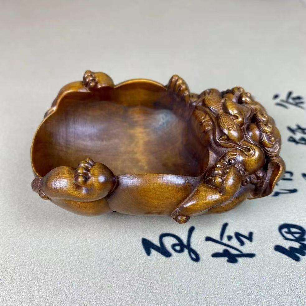 旧藏黄杨木雕仿古文玩把件貔貅簸箕茶勺茶具专用实木雕刻工艺品
