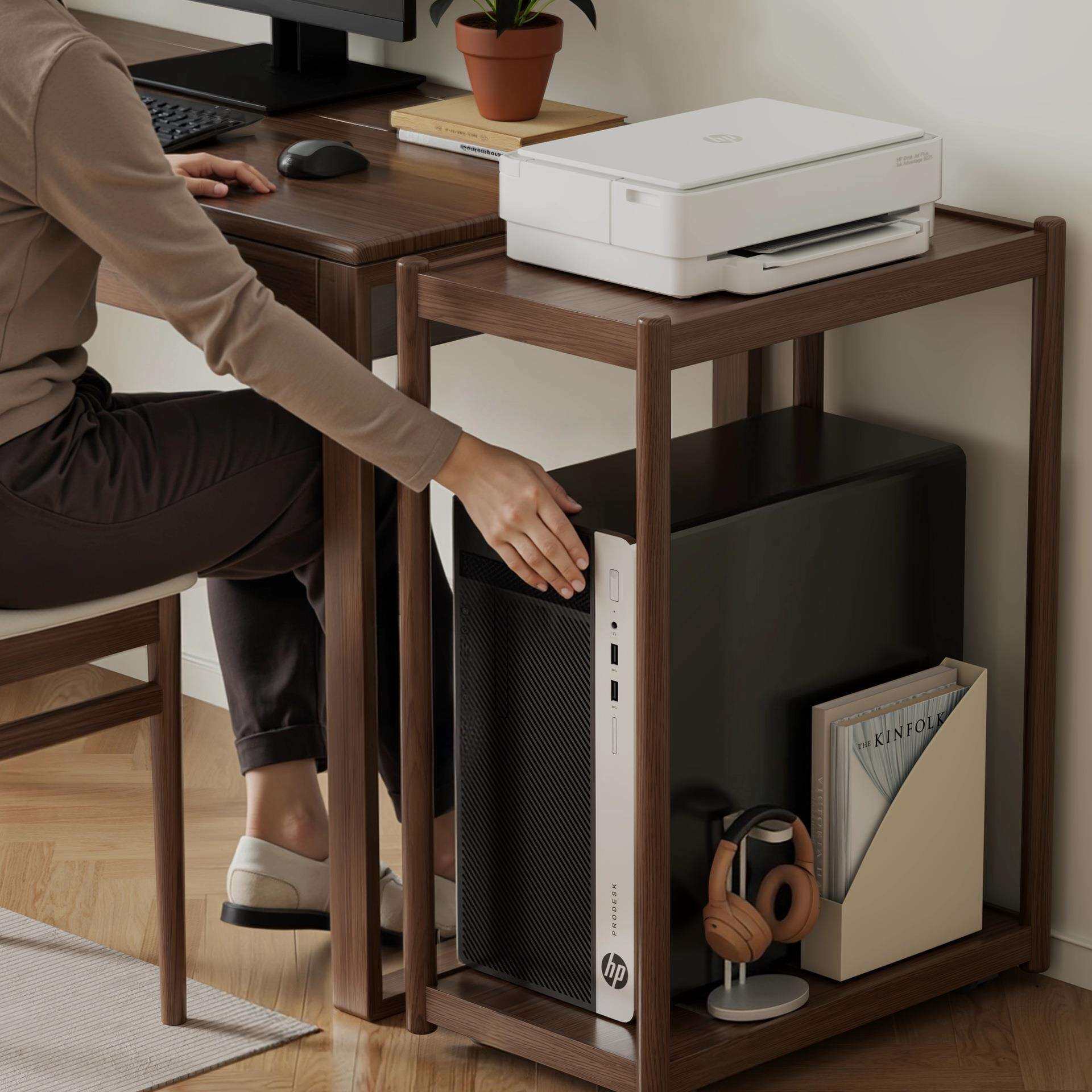 电脑主机托架打印机放置柜实木台式底座双层移动机箱支架置物架