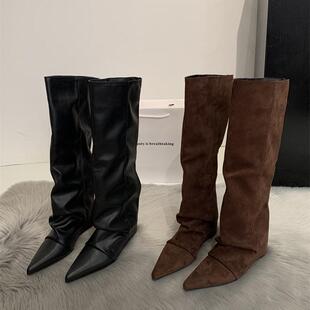 香港尖头内增高7cm高筒裤 宽筒骑士靴不过膝长筒靴 管靴女2025新款