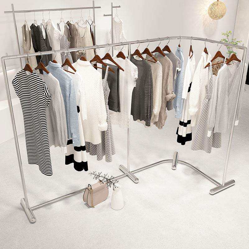 服装店展示架女装店货架不锈钢拉丝银色弧形转角落地式中岛陈列架