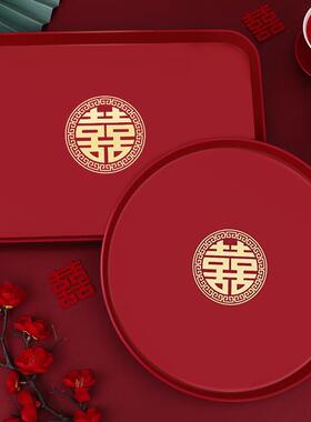 新款新年喜庆红色高档果盘新年乔迁布置果盘塑料方形圆形福字果盘
