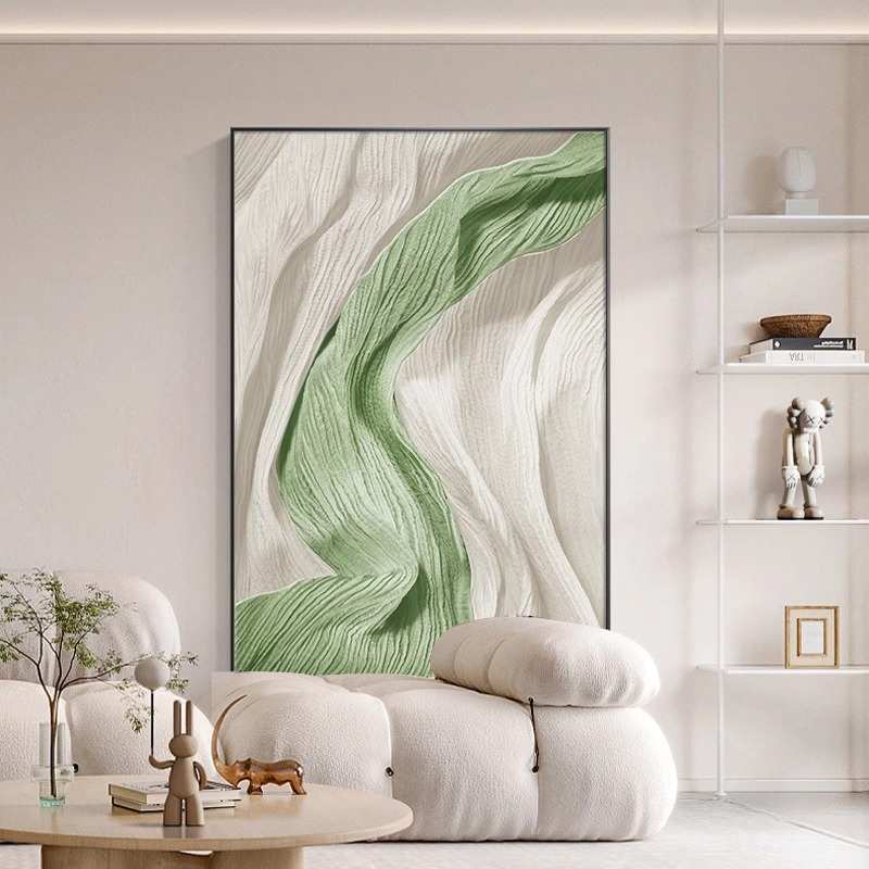 侘寂风装饰画客厅沙发背景墙挂画平面画高级感绿色落地画玄关壁画图片