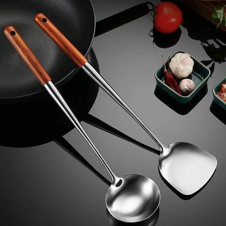 加长304不锈钢锅铲炒菜铁铲子厨房家用木柄炒铲炒勺汤勺漏勺套装