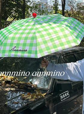 原创annmino/绿色格子雨伞女自动晴雨两用黑胶遮阳三折防晒太阳伞