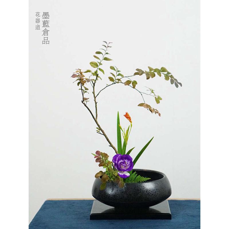 碗型复古墨黑花器禅意陶瓷中式插花器皿日式花道花盘多肉仿古花盆