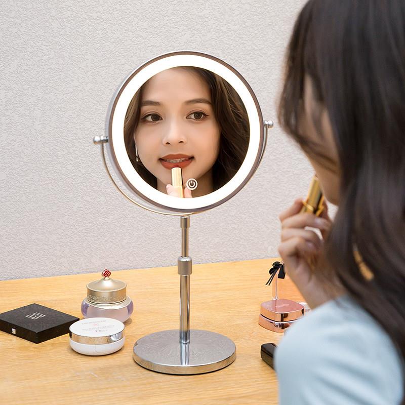 忆美 可升降伸缩双面LED化妆镜子梳妆镜带灯台式镜桌面灯光美容镜