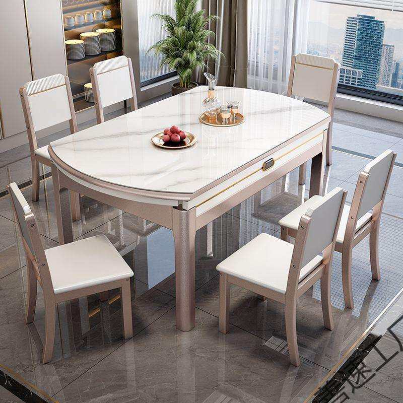 现代岩板餐桌椅组合简约现代家用小户型橡胶木伸缩圆桌实木饭桌