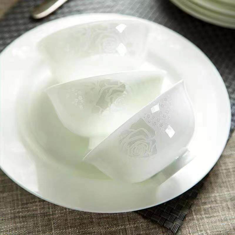 景德镇陶瓷骨瓷餐具碗碟套装高档吃饭碗盘子家用白玫瑰餐具碗家用