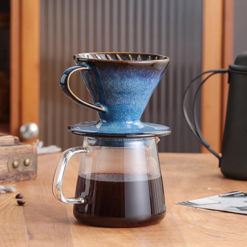 蓝釉陶瓷咖啡过滤杯复古手冲v60过滤器锥形滴漏式滤杯器具星空