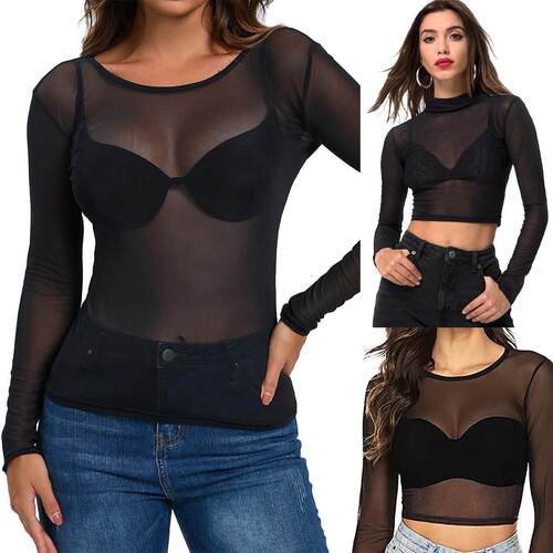 Women's tight fitting long sleeved mesh top for