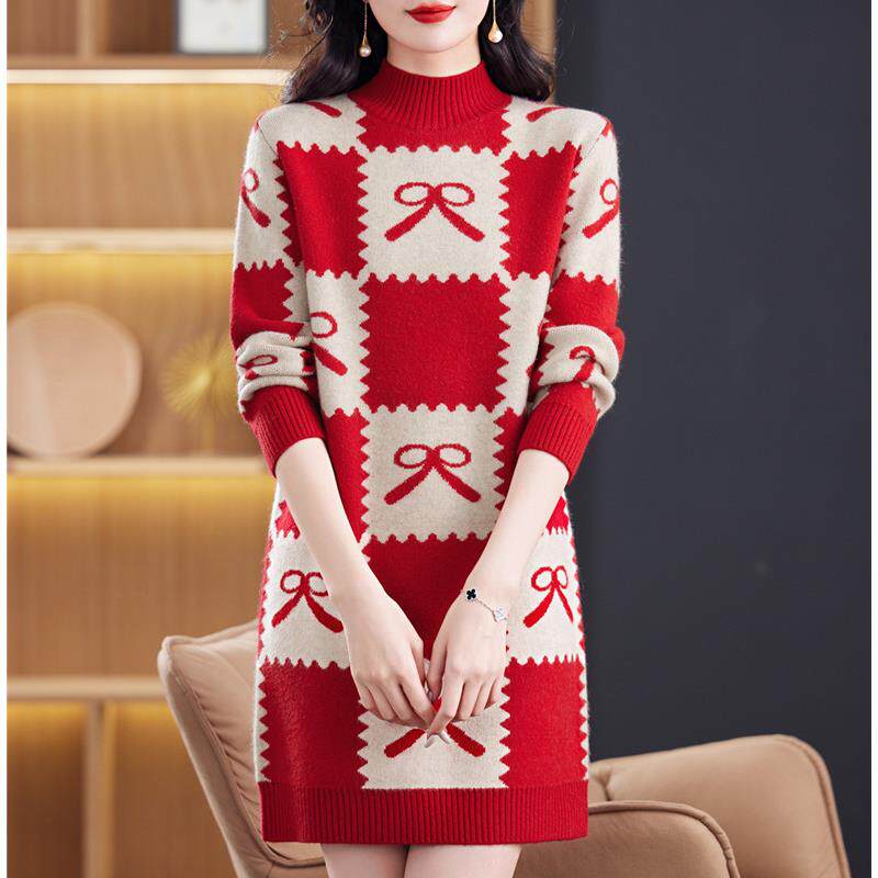 本命年2025红色毛衣女中长款秋冬季半高领加厚宽松显瘦羊毛打底衫
