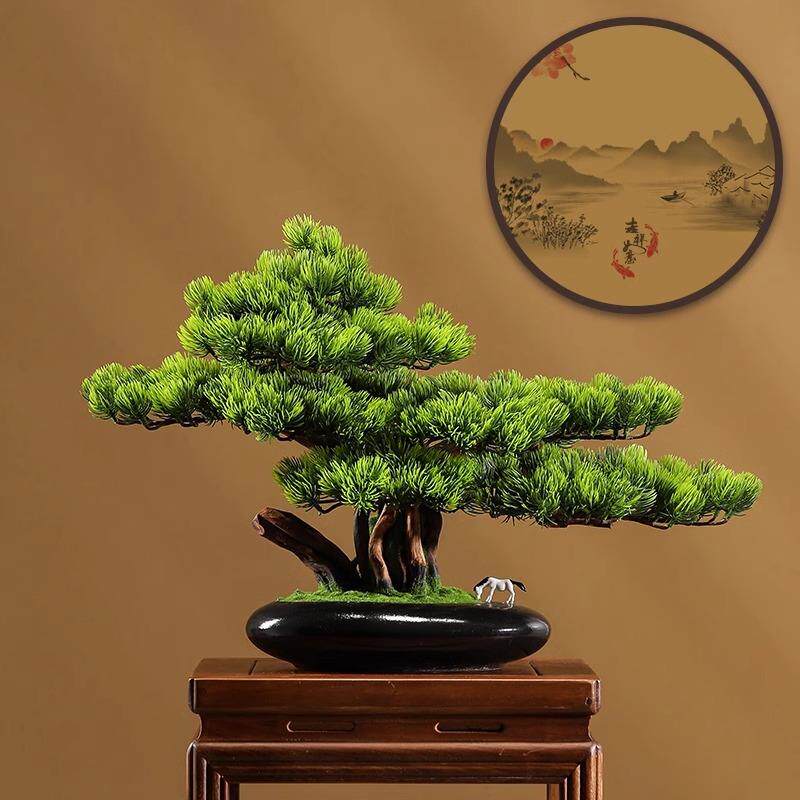 仿真植物绿WJ中式迎客松盆景树罗汉松客厅造景室新内盆载装假饰摆