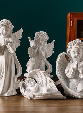欧式复古天使摆件美式树脂石膏雕像白色小天使女孩桌面装饰品道具