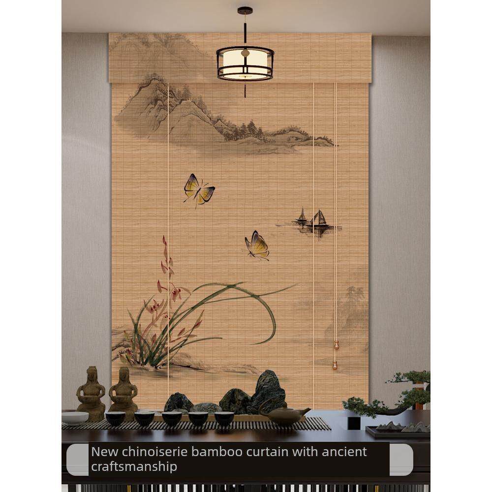 挂画卷帘中国竹帘茶室印花窗帘书房背景装饰窗帘阳台遮阳窗帘