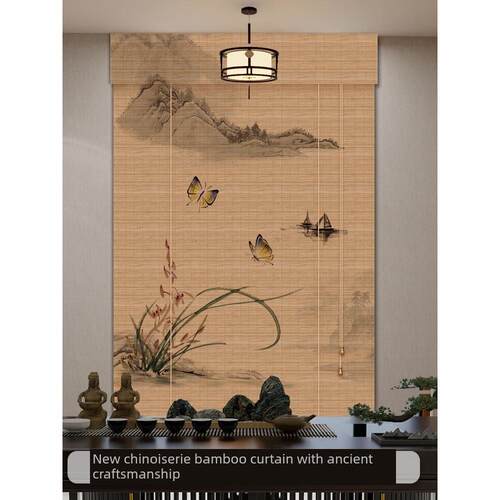 挂画卷帘中国竹帘茶室印花窗帘书房背景装饰窗帘阳台遮阳窗帘