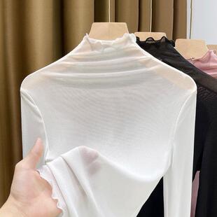 薄款 女长袖 高档内搭纱衣2026木耳边蕾丝0317d 白色网纱打底衫 夏款