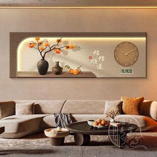 网红新中式柿柿如意画客厅装饰画砂沙肌背理高档景墙岩寓意好发壁