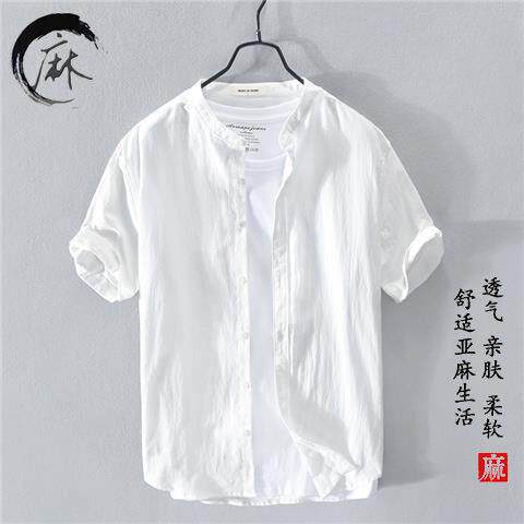 Neutral collar linen shirt men's short sleeved cotton