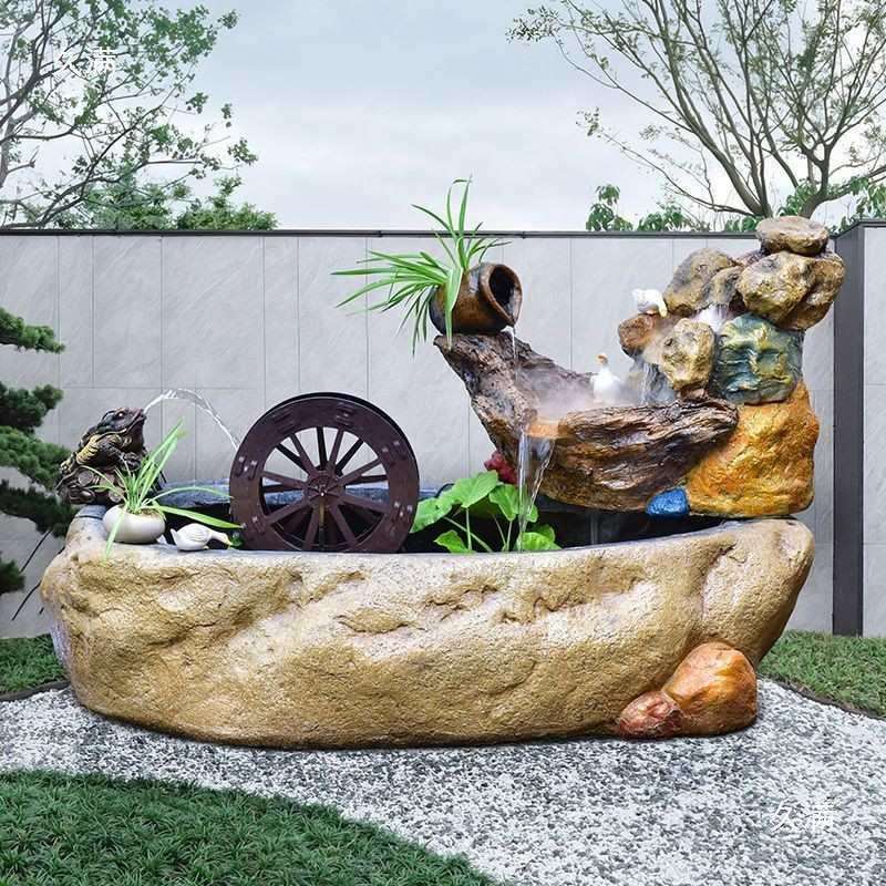 中式户外假山流水泉别墅花HEM园台水景阳院轮鱼池喷庭造景观