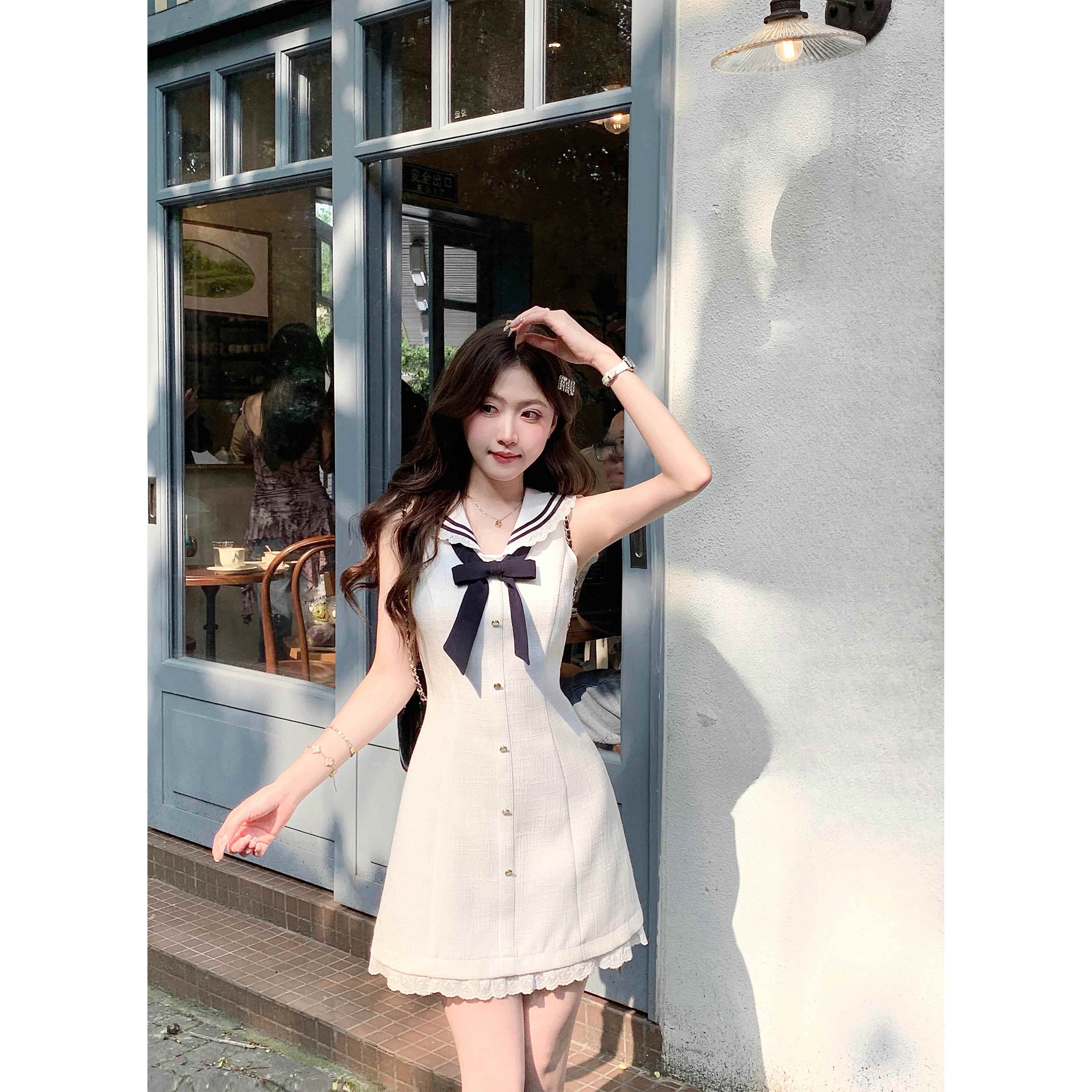 Q女家 漫高艺术生/法式海军领连衣裙夏季甜美学院风减龄无袖裙子