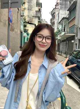 独特漂亮韩系蓝新色翻领衬YFV衫感春秋款设计小众宽松休女闲上衣