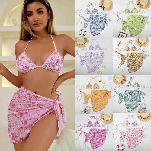 Printed bikini three piece yarn skirt split swimsuit