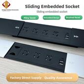 桌面嵌入式 隐形滑盖插排台面USB多媒体线盒 插座合金多功能隐藏式