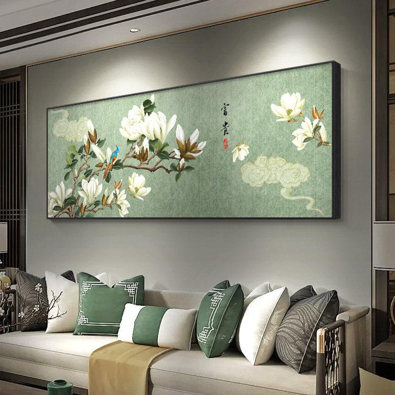 玉兰花墙画客厅挂画新中式沙发背景墙装饰画沙漠玫瑰鸟画壁画寓意