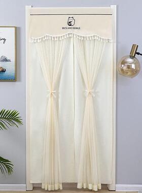 门帘两层两用免打家孔伸杆居四季室门缩UKY帘布遮卧挡防蚊防走光