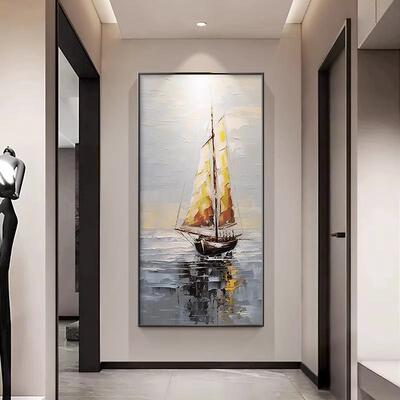 一帆风顺纯手绘油画日玄装饰画客厅奶油关风肌象理QWE-2302画抽出