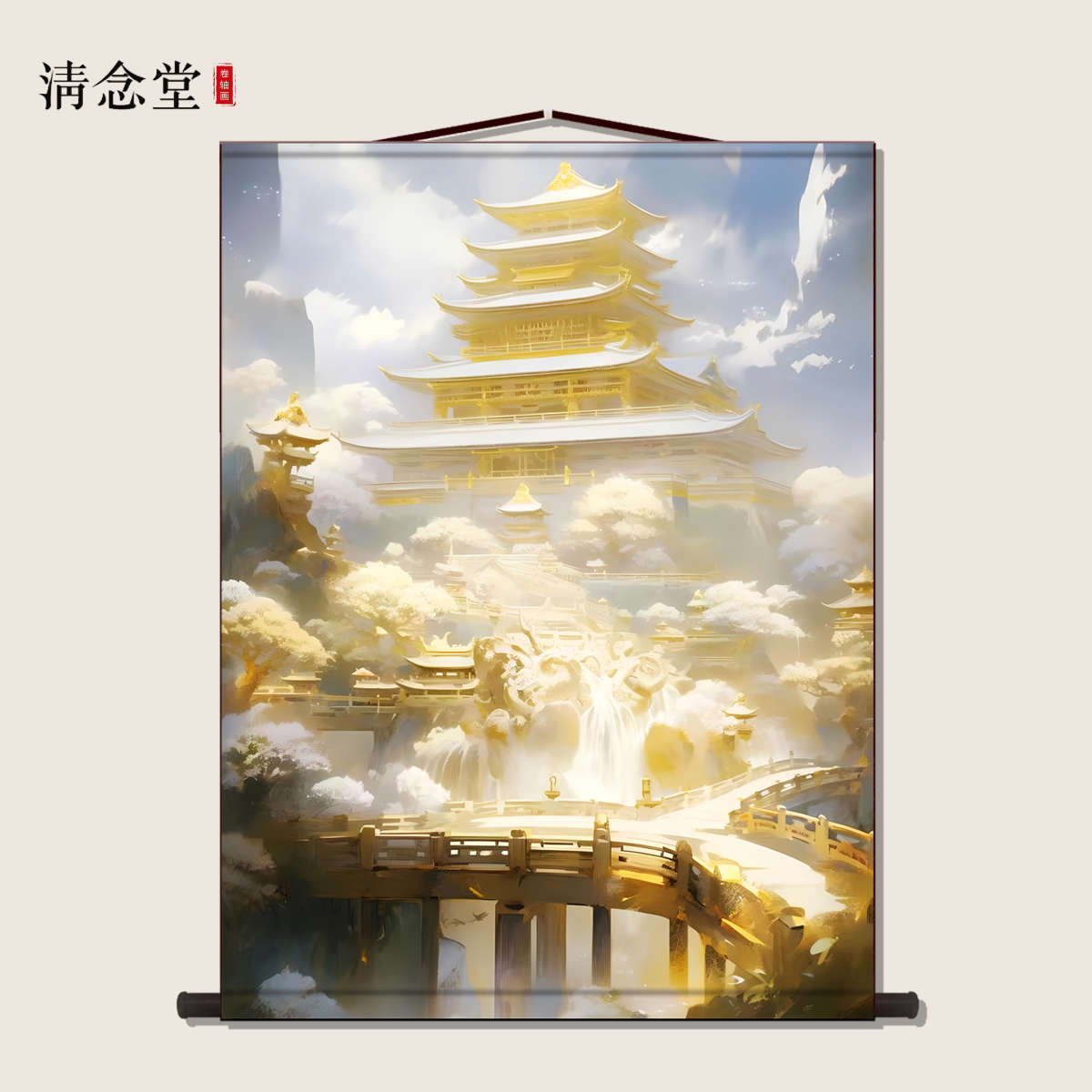仙家挂画南天门仙境亭台楼阁佛道仙堂口风景画无动物风水画卷轴画