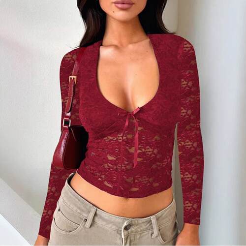 Elegant Lace Long Sleeve , Bow Blouse, Lady Shirts, V Neck