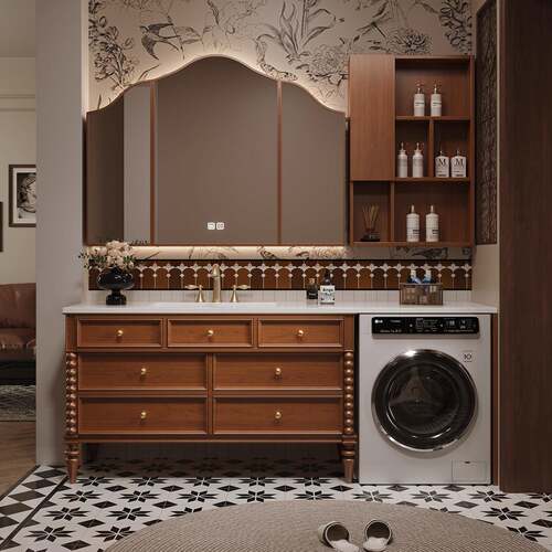美式中古风洗衣机浴室柜组合落地法式复古洗脸盆卫生间洗漱台定制