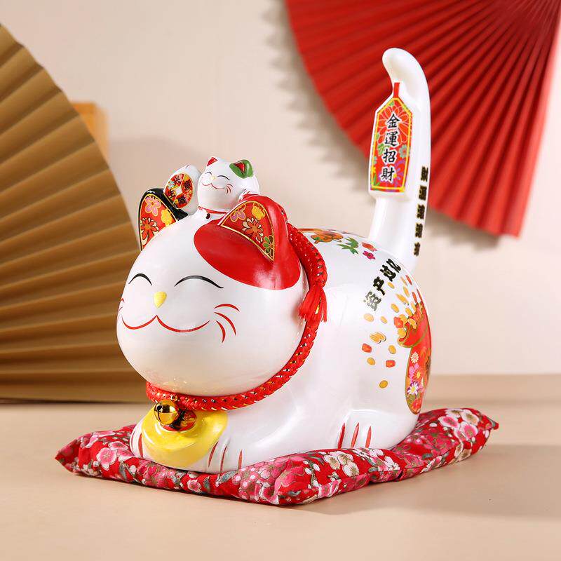 招财猫陶瓷摆件办公室家居长尾猫创意小摆件招财猫储蓄罐礼品