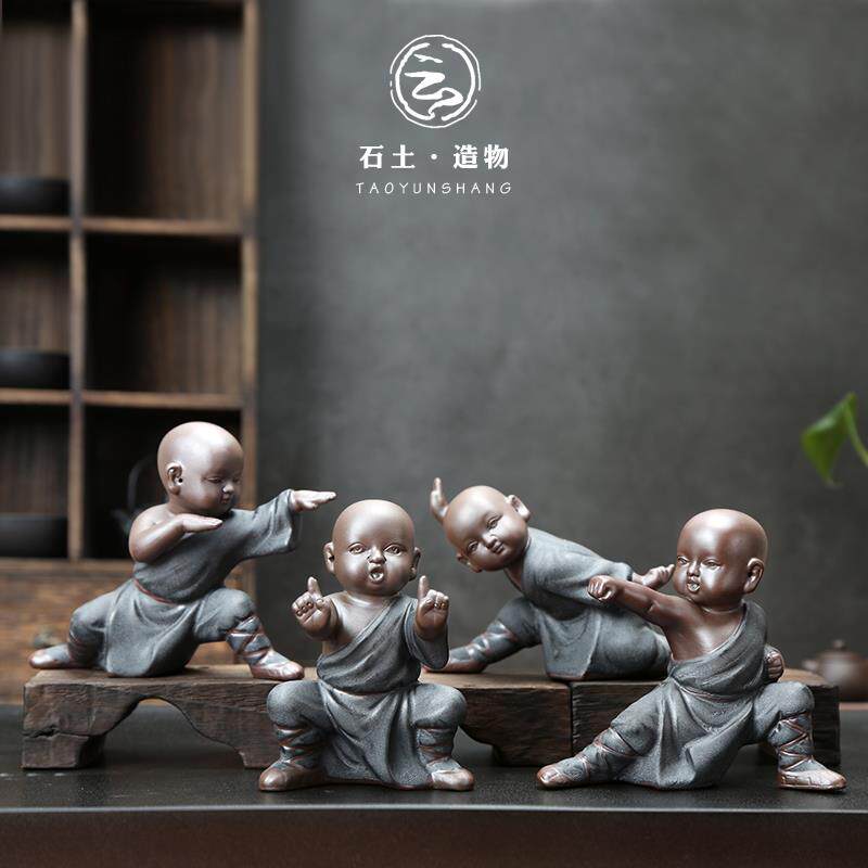 陶云尚 精品黑金砂紫砂功夫小子小和尚茶宠摆件 可养茶玩茶道配件
