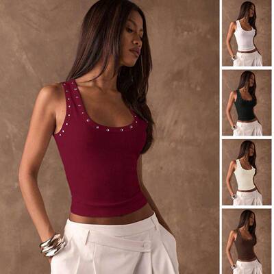 Women's Ribbed Crop Tank Top – Grommet Detail Scoop Neck,