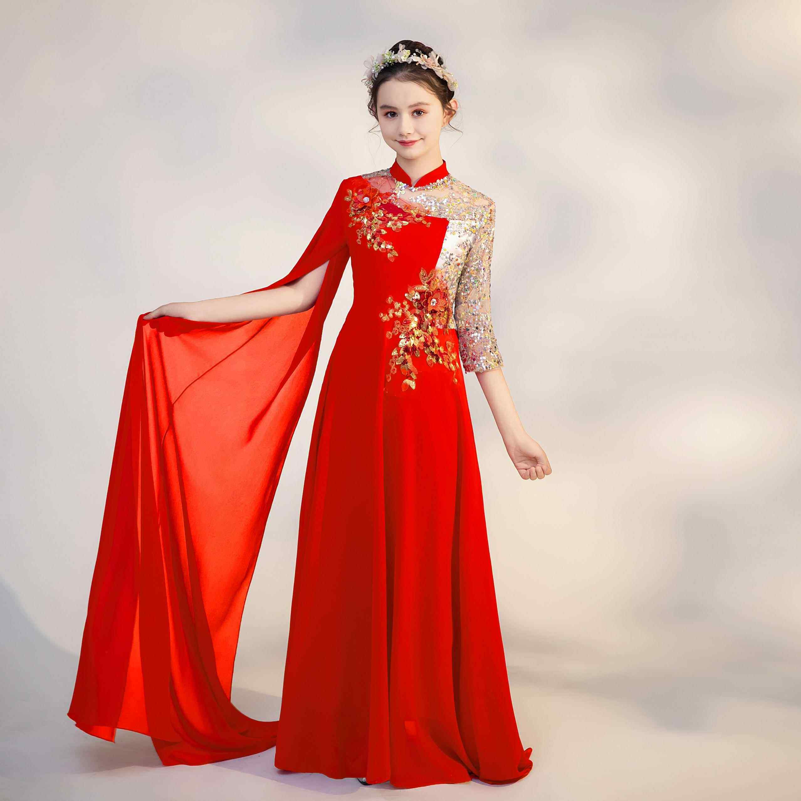正品款女新童弹古筝演出服酒红色中国风晚服礼民乐演奏大生合唱学