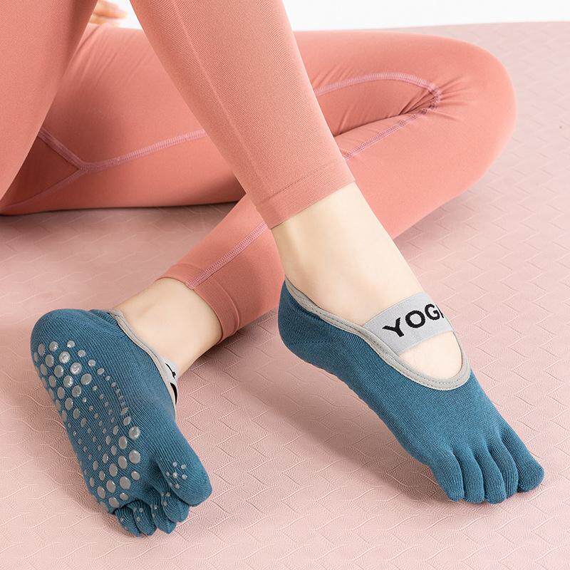防滑瑜伽袜女纯色吸汗露背五指袜舞蹈健身瑜伽蹦床绑带脚趾袜