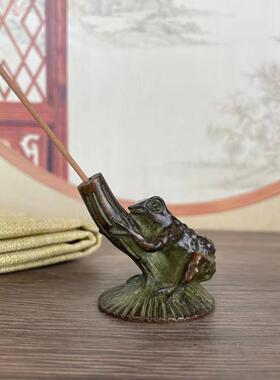 仿古铜器荷叶青蛙香插线香插座茶道茶艺铜艺小摆件小铜件古玩器