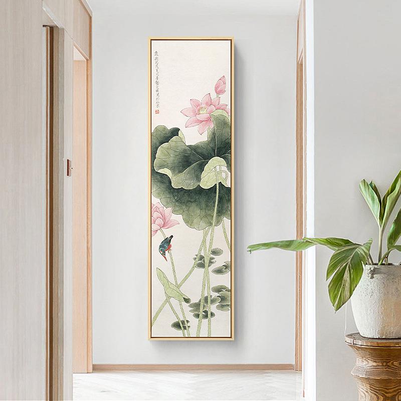 春色 新中式客厅装饰画禅意花鸟过道壁画原木风玄关荷花竖版挂画